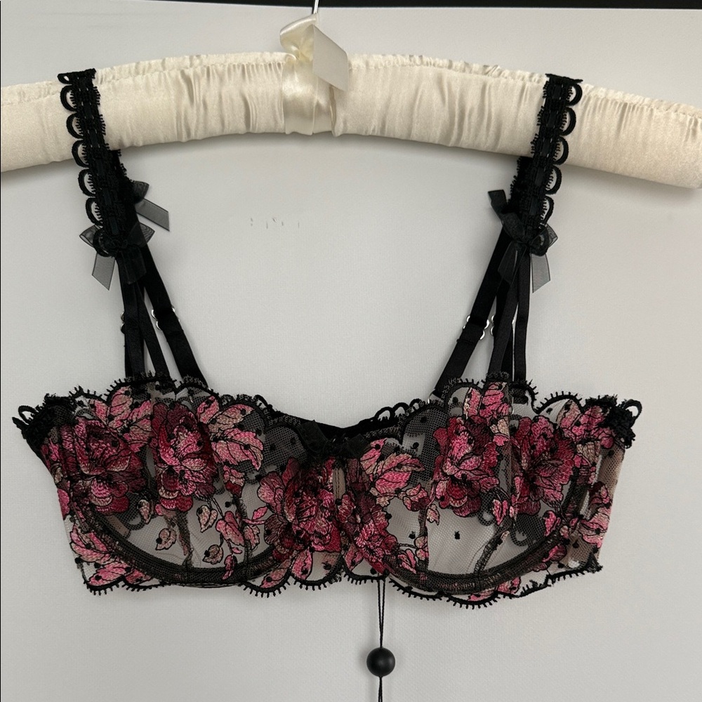 For Love And Lemons Black and Pink Floral Lace Bra